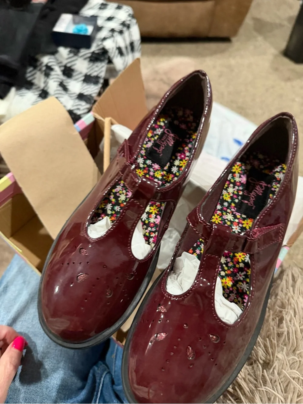 Jellypop Girls Burgundy Patent T-Strap Dress Shoes